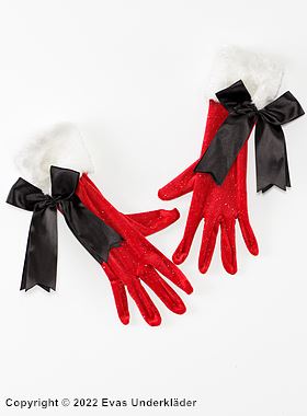 Handskar i sammet med stor rosett, fuskpäls och glitter
